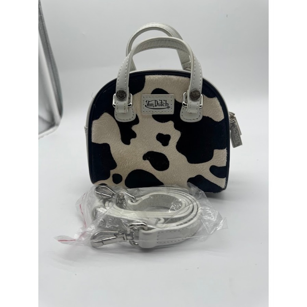 Von Dutch Mini Cow Print Bowling Bag Crossbody Purse White Black Y2K‎ NWT